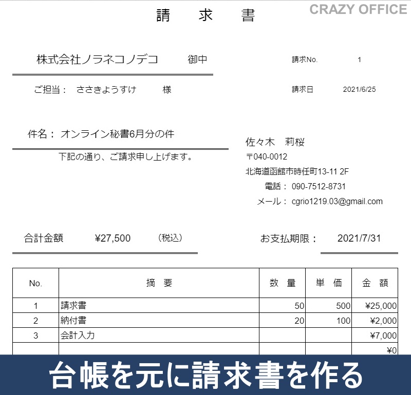 函館オンライン秘書請求書発行郵送作業流れイメージ料金データ6